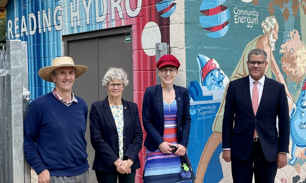 Reading Hydro Board Members Tony Cowling, Anne Wheldon and Sophie Paul with Alok outside of Turbine House