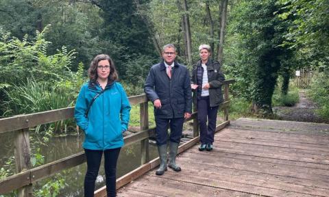 Wildlife Trust walk in Moor Copse; Kathryn Brown, Alok Sharma MP and Estelle Bailey